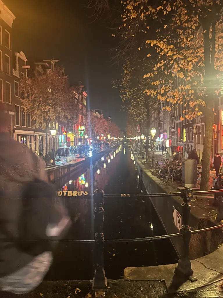 Amsterdam canal at night with neon reflections from a bridge
